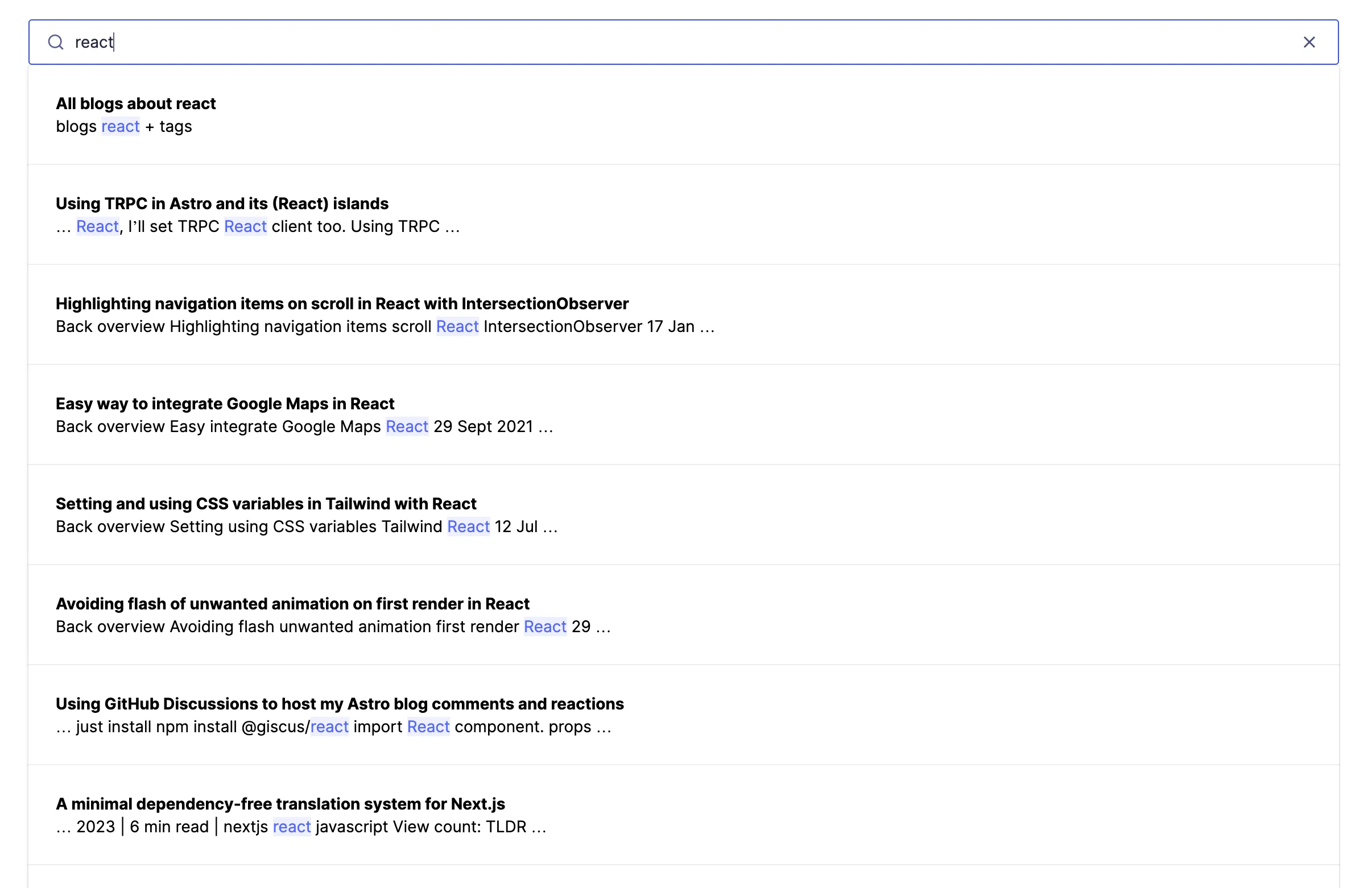 Search results being shown for the query `React`